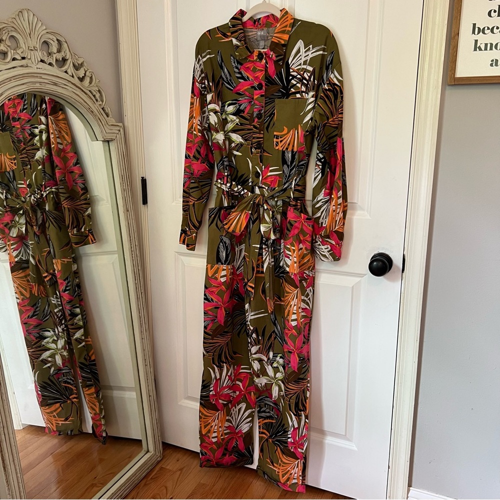 ASOS Olive Green & Pink Multicolor‎ Tropical Floral Patterned Coveralls Size 12